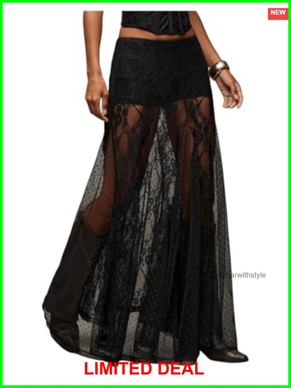 Lace Sheer Maxi Skirt Polka Dot Ruffle Gothic A-Line Low Rise